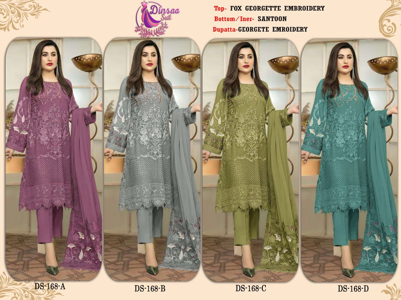 Dinsaa 168 Embroidery Pakistani Suits Catalog
